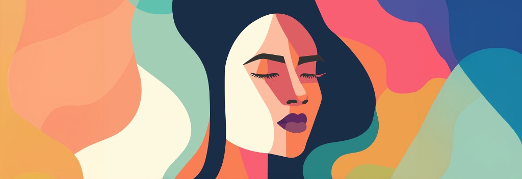 Stylized illustration of a woman in profile with eyes closed, surrounded by colorful abstract wellness shapes
